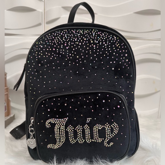 Juicy Couture Black Sparkle velour Backpack with Glossy Finish - Picture 1 of 15